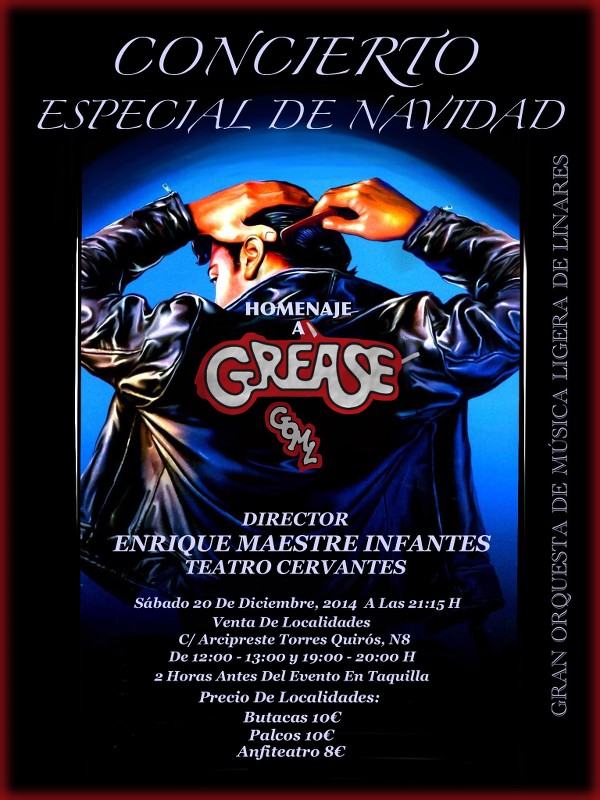 cartel del concierto especial de navidad Homenaje a Grease de la Gran Orquesta de Música Ligera de Linares