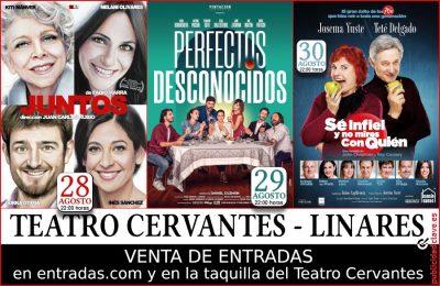 Cartel anunciador de las obras del Teatro Cervantes de Linares en la Feria de San Agustín 2019.