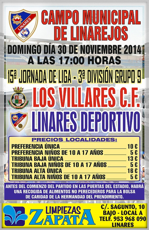 cartel del partido Linares Deportivo - Los Villares CF. en el Linarejos.