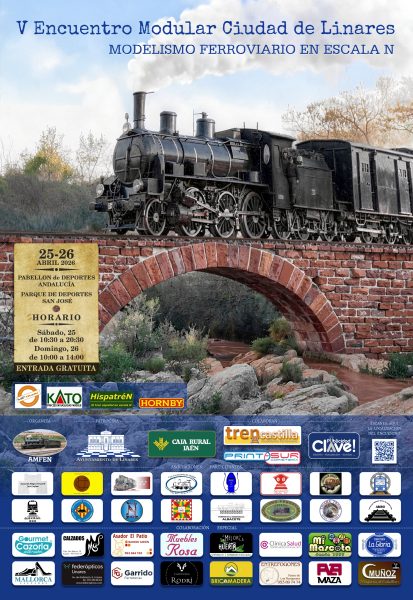 Cartel V Encuentro Modular Ciudad de Linares 2026 - locomotora Cockerill 130-2068